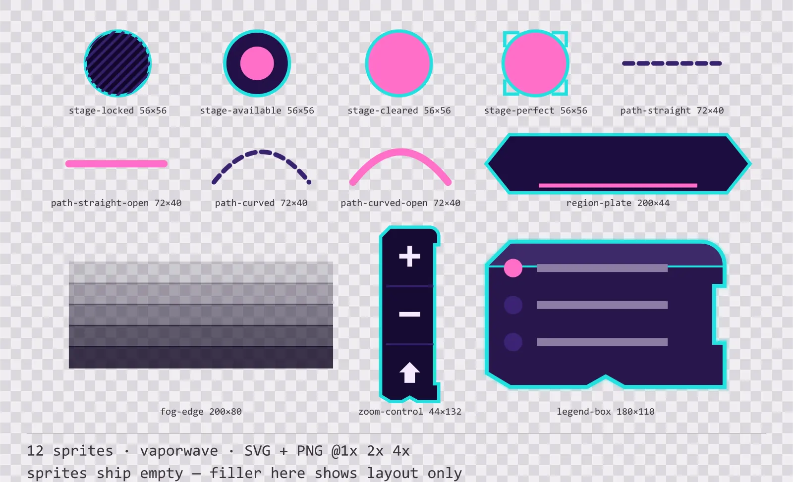Sheet showing 12 vaporwave level select and world map pieces from the Sunset Drive family, arranged on a transparency checkerboard with their pixel sizes printed underneath