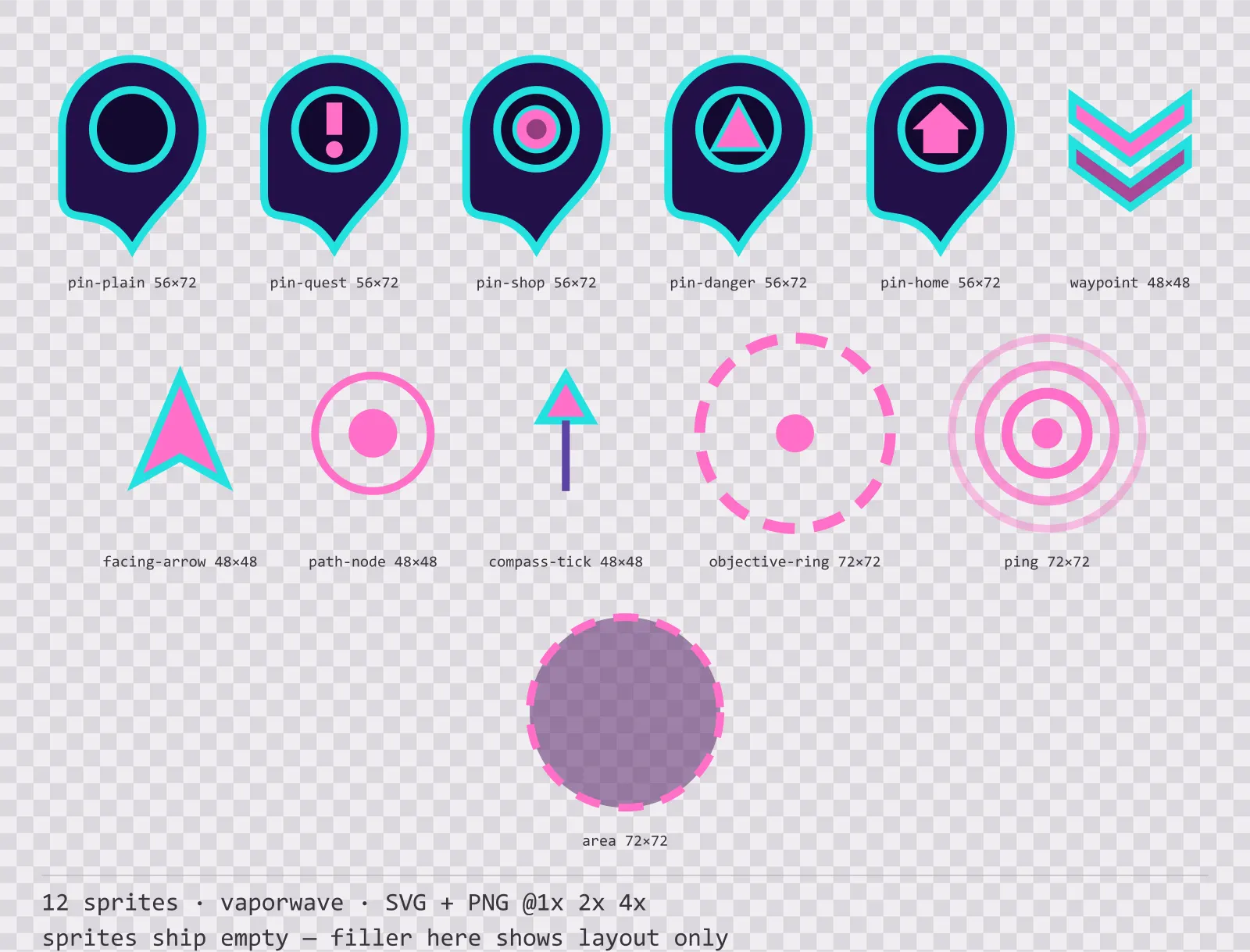 Sheet showing 12 vaporwave map markers and world indicators from the Sunset Drive family, arranged on a transparency checkerboard with their pixel sizes printed underneath