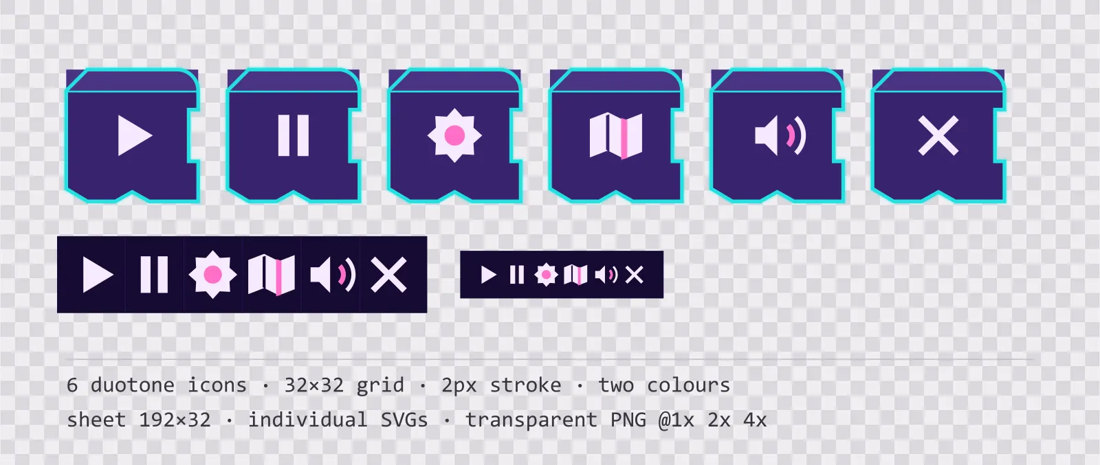 Six two-tone game menu icons on sunset haze tiles, shown large, laid out on a sheet grid, and again at actual 32 pixel size