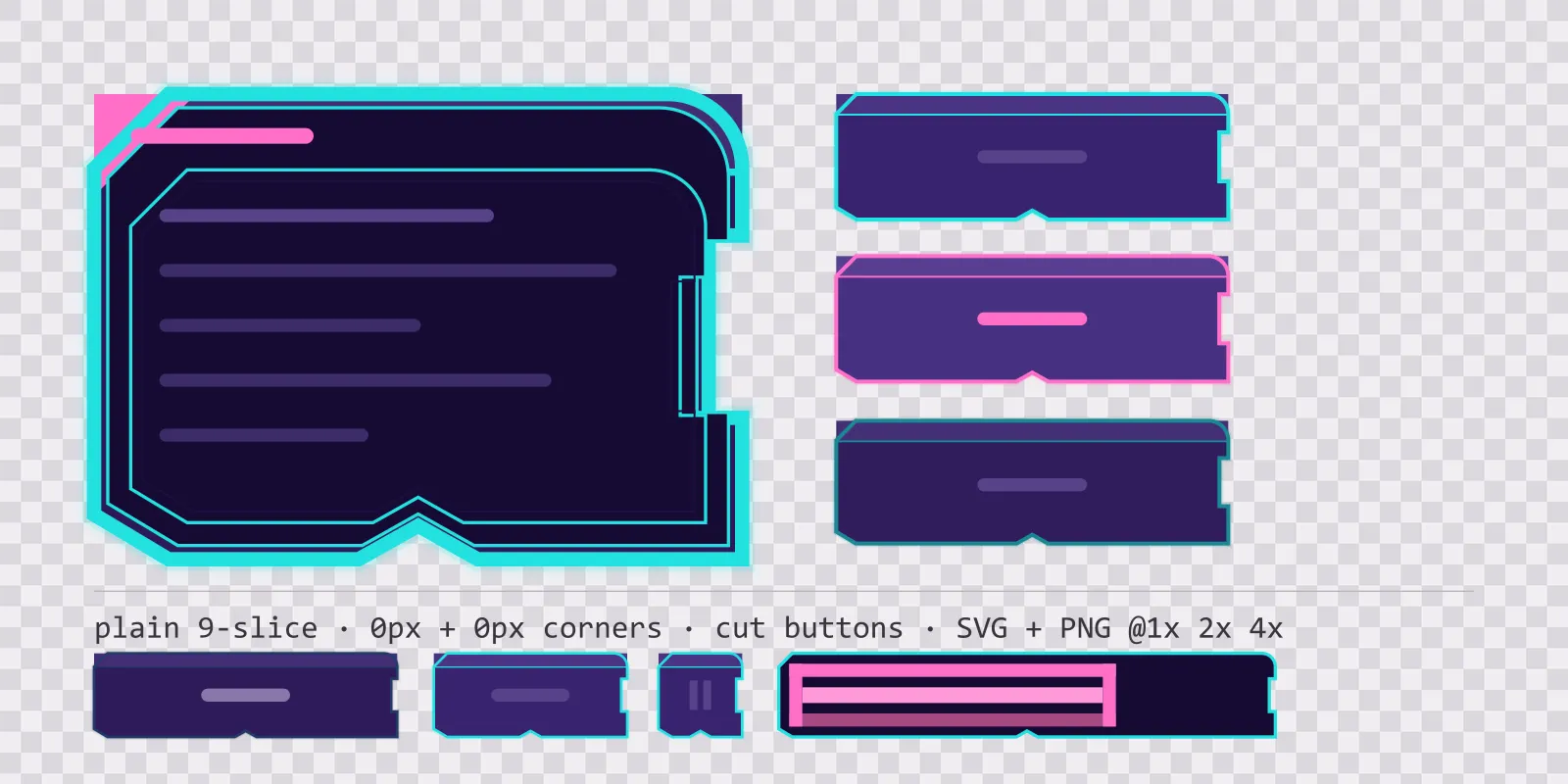sunset haze game menu panel with a flamingo pink title strip and a recessed list area, next to a column showing the same chamfered button in default, outlined hover and pushed-in pressed states