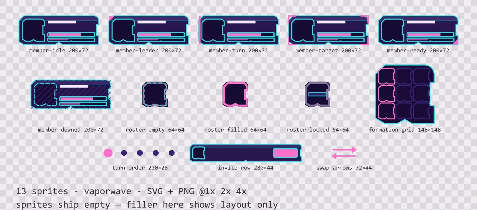 Sheet showing 13 vaporwave party and roster widgets from the Sunset Drive family, arranged on a transparency checkerboard with their pixel sizes printed underneath