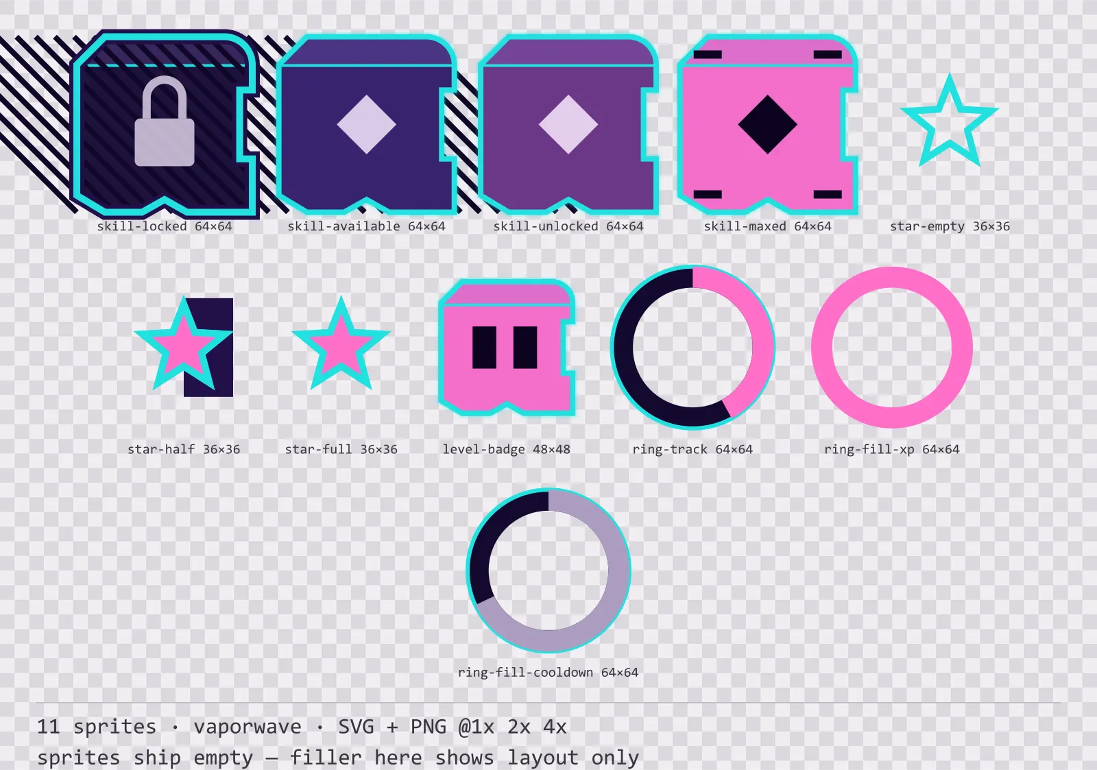 Sheet showing 11 vaporwave progression and reward components from the Sunset Drive family, arranged on a transparency checkerboard with their pixel sizes printed underneath