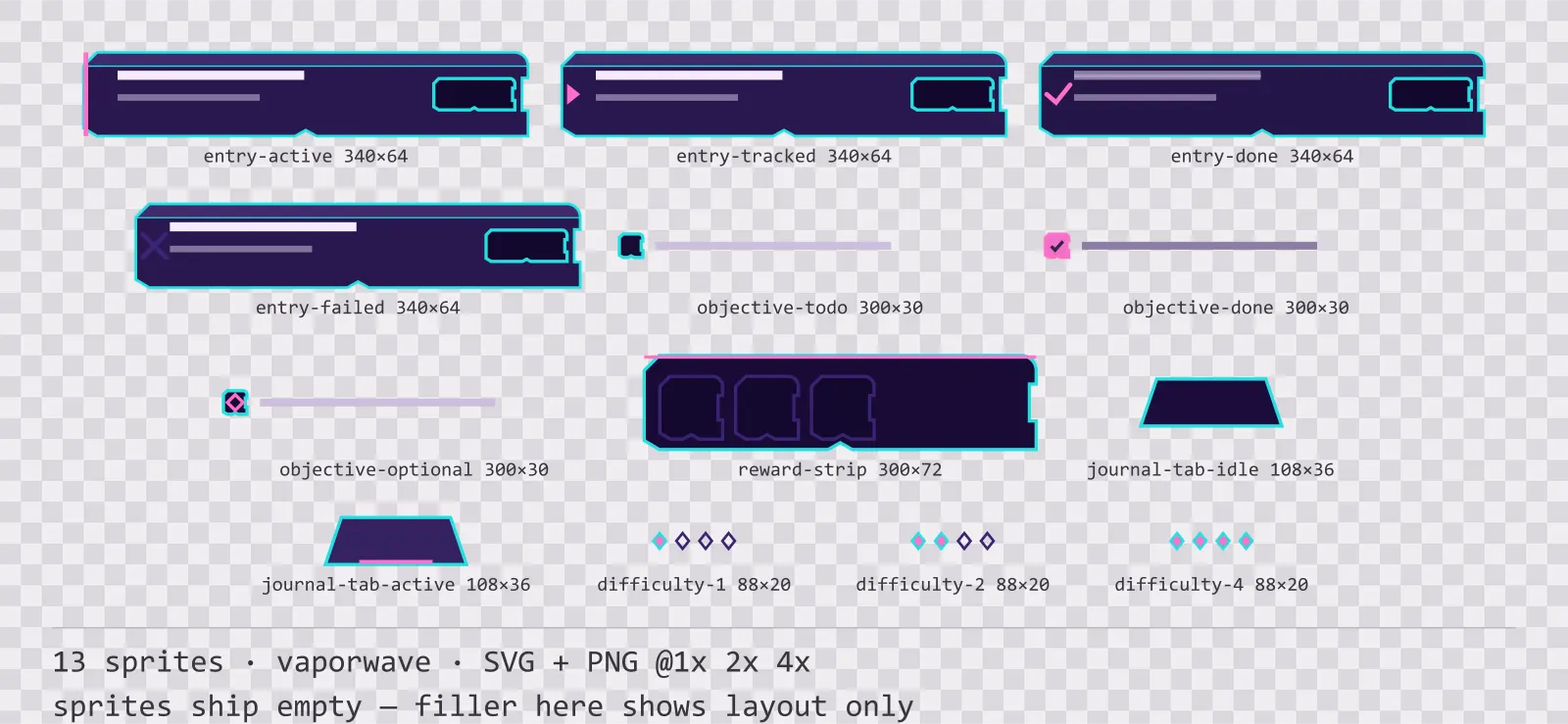 Sheet showing 13 vaporwave quest log and objective widgets from the Sunset Drive family, arranged on a transparency checkerboard with their pixel sizes printed underneath