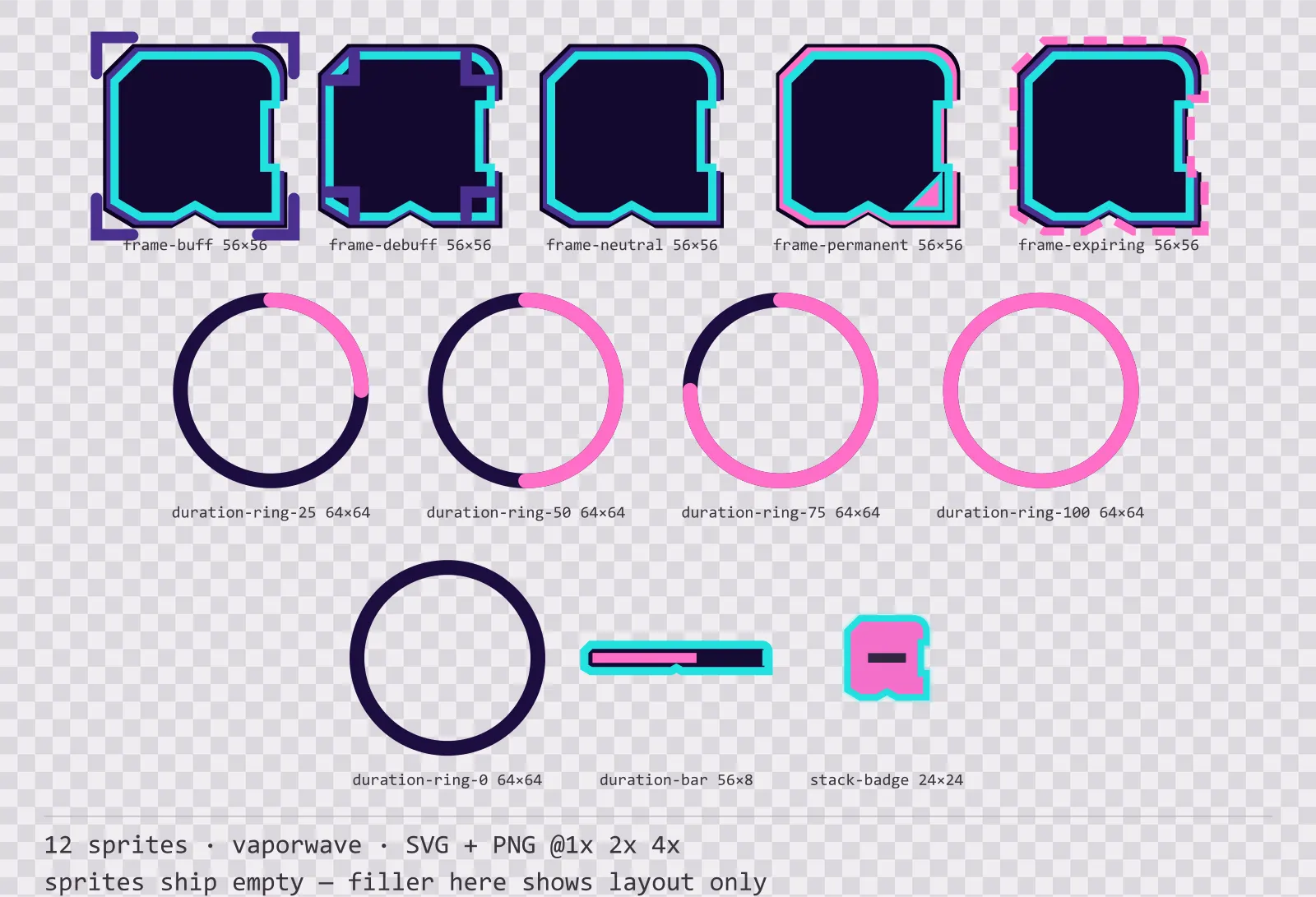 Sheet showing 12 vaporwave status effect frames and duration indicators from the Sunset Drive family, arranged on a transparency checkerboard with their pixel sizes printed underneath