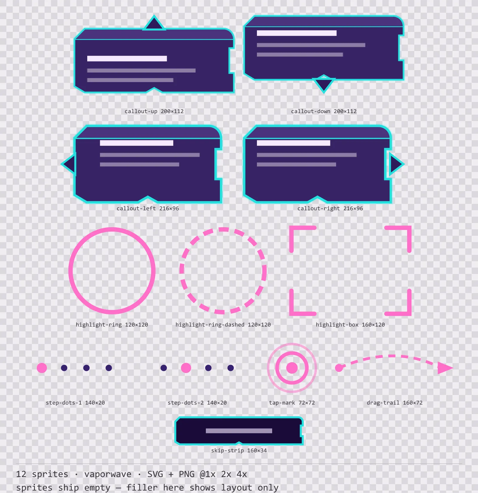 Sheet showing 12 vaporwave tutorial and onboarding markers from the Sunset Drive family, arranged on a transparency checkerboard with their pixel sizes printed underneath