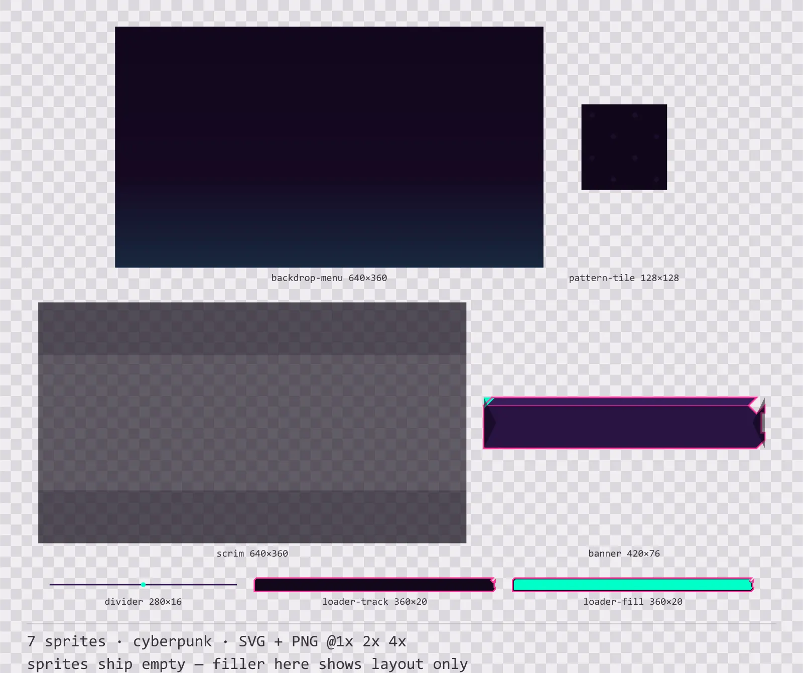 Sheet showing 7 cyberpunk background and overlay pieces from the Voidrunner family, arranged on a transparency checkerboard with their pixel sizes printed underneath