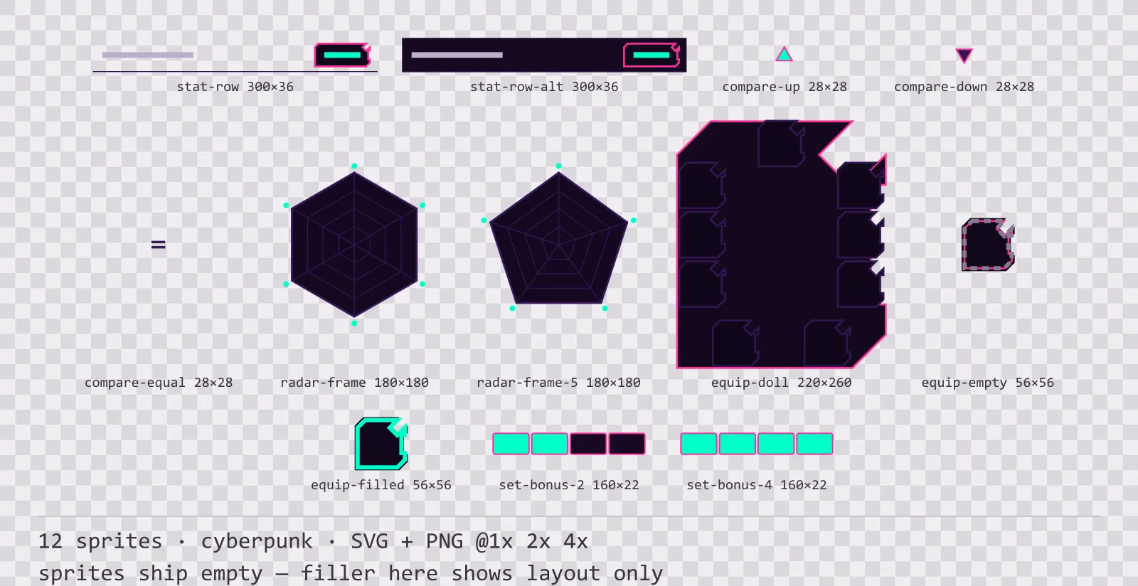 Sheet showing 12 cyberpunk character sheet and stat widgets from the Voidrunner family, arranged on a transparency checkerboard with their pixel sizes printed underneath