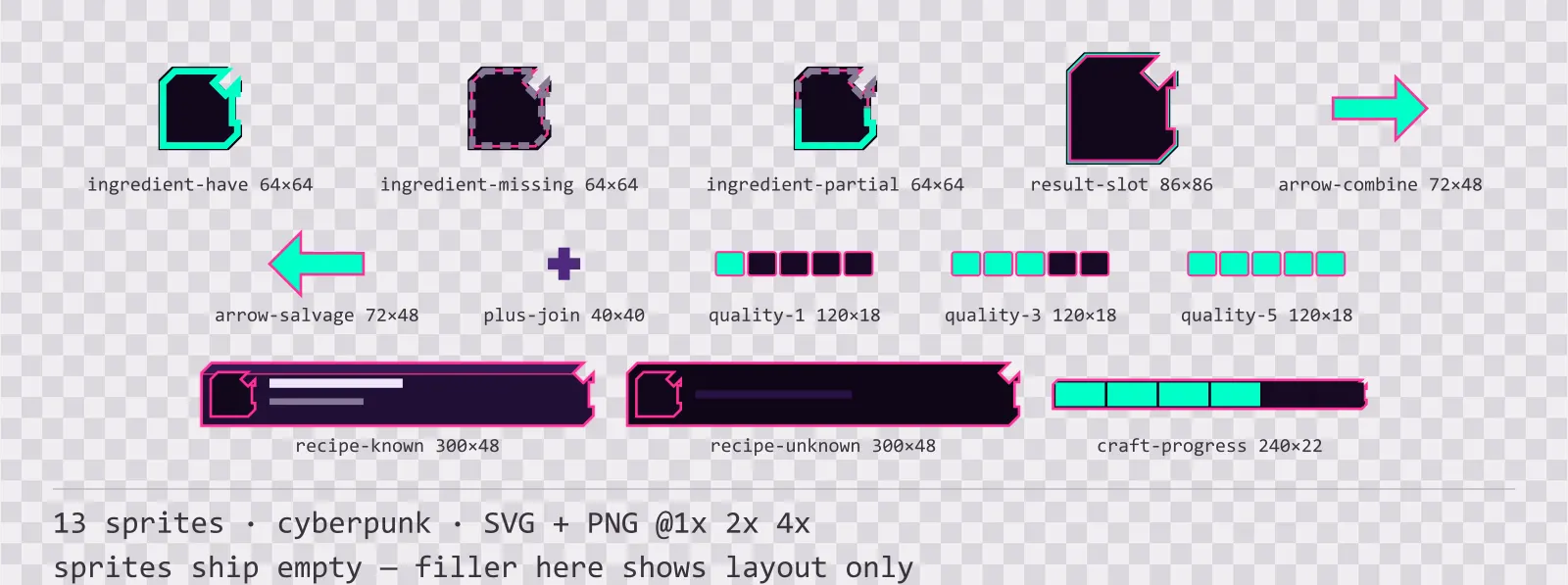 Blatt mit 13 Handwerks- und Rezept-Elemente (Cyberpunk) aus der Familie Voidrunner, angeordnet auf einem Transparenz-Schachbrett, mit den Pixelmaßen darunter