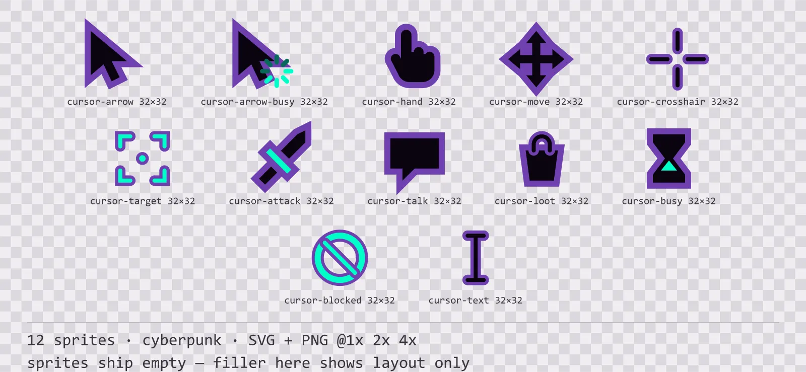Foglio con 12 cursori del mouse (cyberpunk) della famiglia Voidrunner, disposti su una scacchiera di trasparenza con le misure in pixel scritte sotto