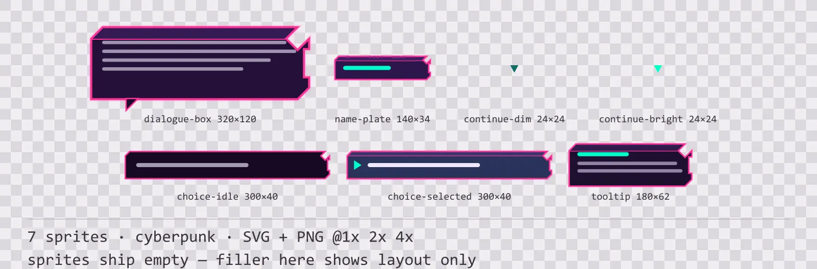 Sheet showing 7 cyberpunk dialogue components from the Voidrunner family, arranged on a transparency checkerboard with their pixel sizes printed underneath