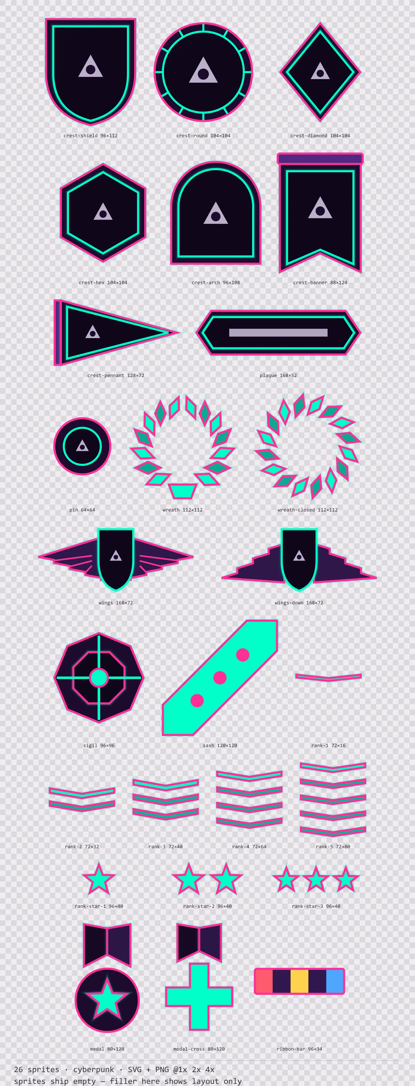 Sheet showing 26 cyberpunk crests, insignia and rank marks from the Voidrunner family, arranged on a transparency checkerboard with their pixel sizes printed underneath