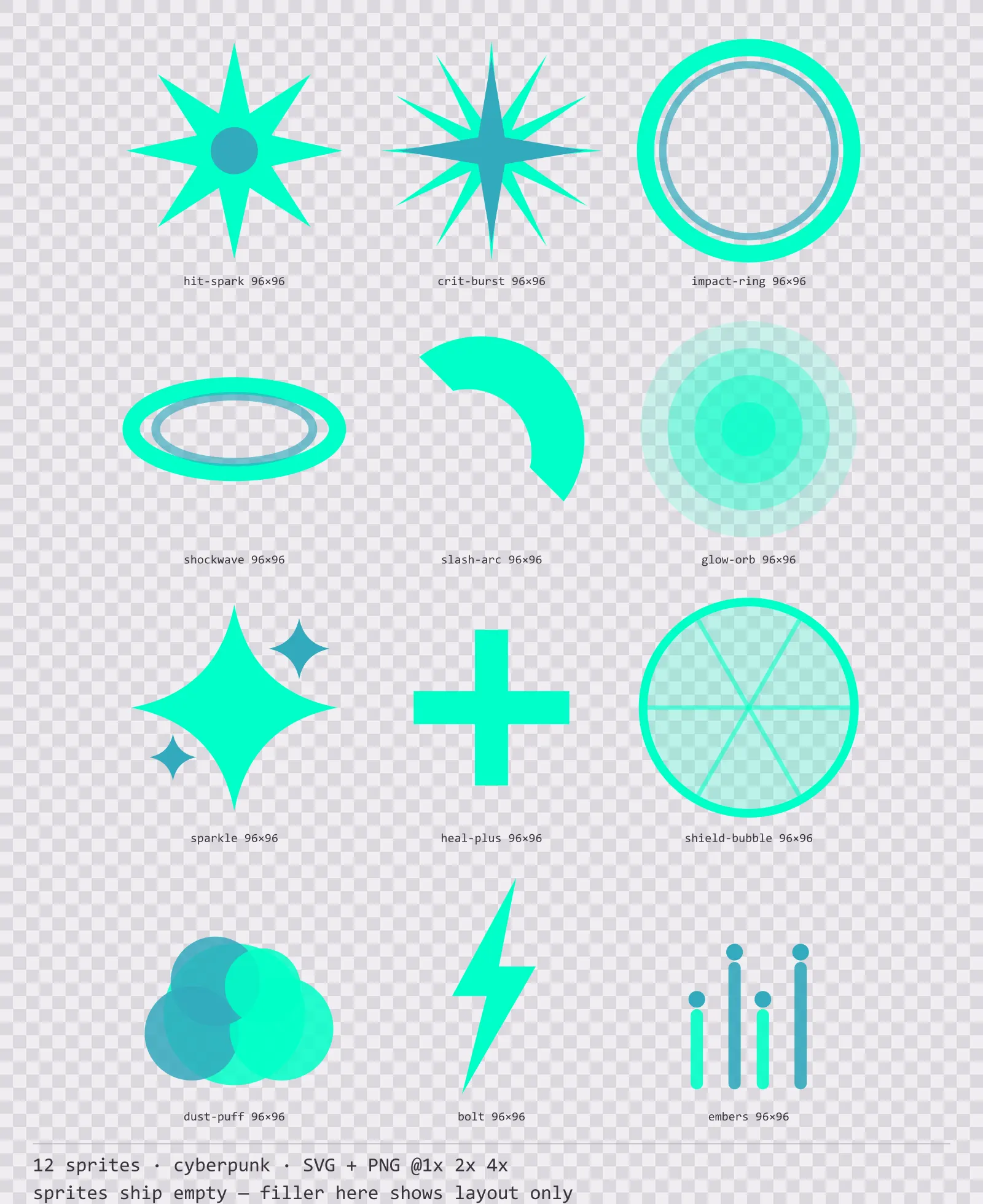 Hoja con 12 sprites de impacto y efecto (cyberpunk) de la familia Voidrunner, dispuestos sobre un damero de transparencia y con sus medidas en píxeles escritas debajo