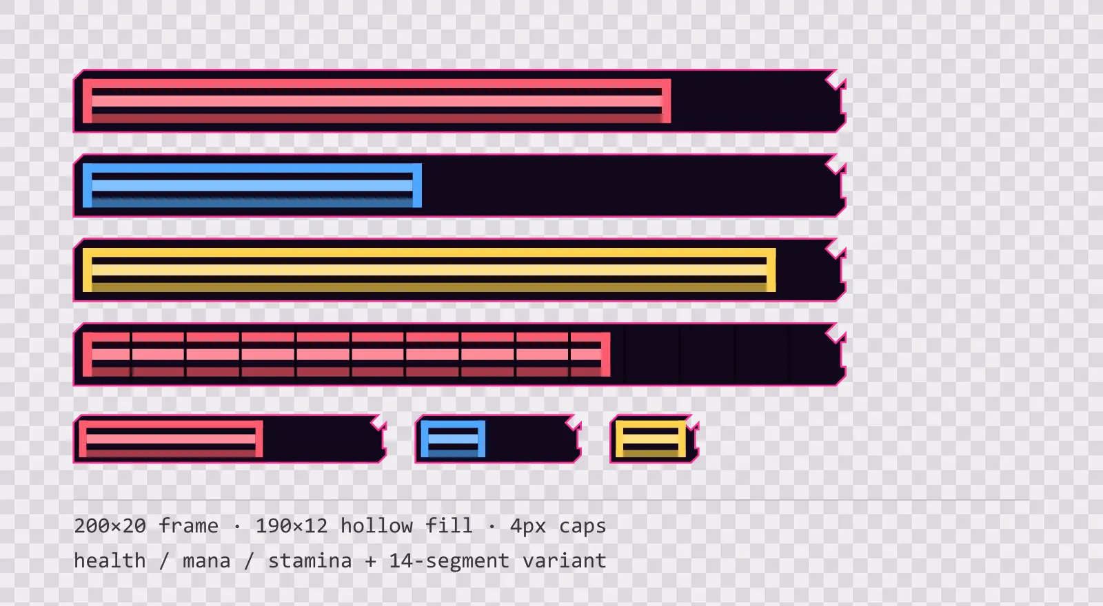 Three horizontal game status bars stacked on a checkerboard background, filled to different levels for health, mana and stamina, with a segmented 14-notch bar and three smaller bars beneath them
