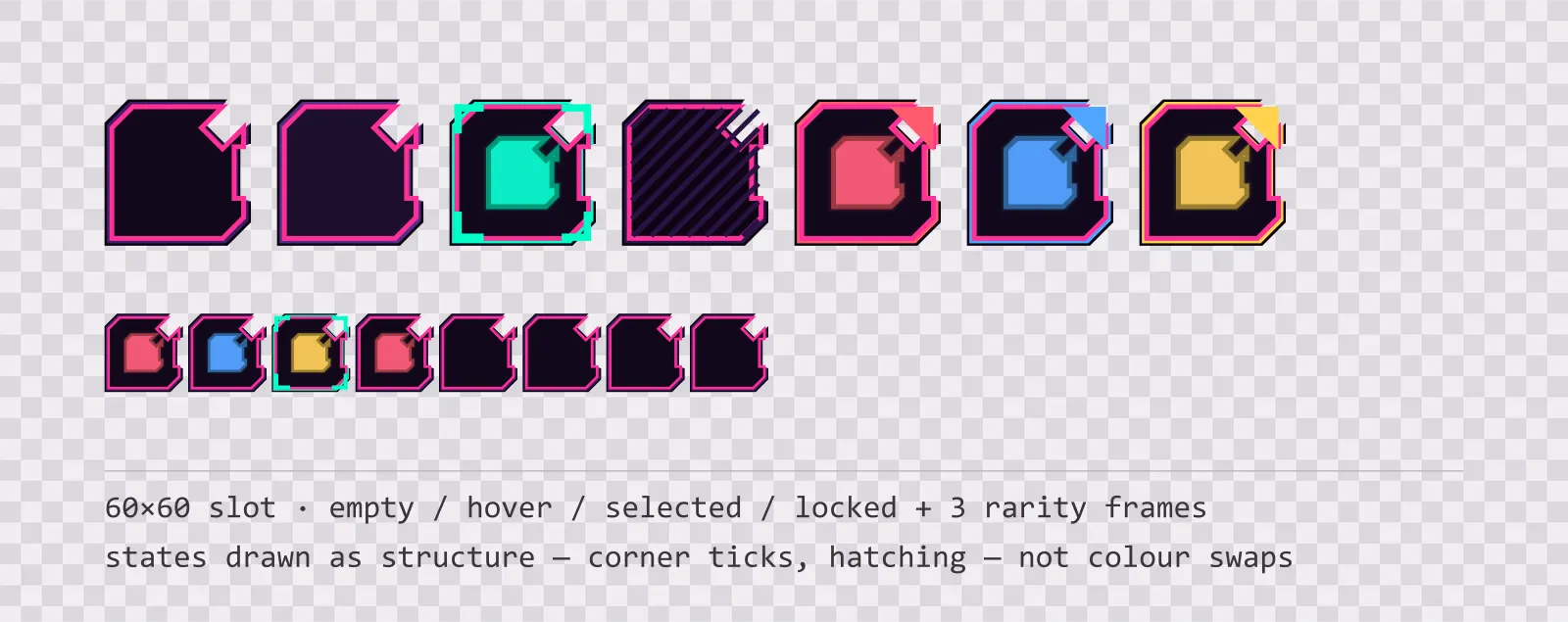 A row of square game inventory slots on a checkerboard background showing empty, hover, selected with corner ticks, and diagonally hatched locked states, followed by coloured rarity frames and a tiled eight-slot grid