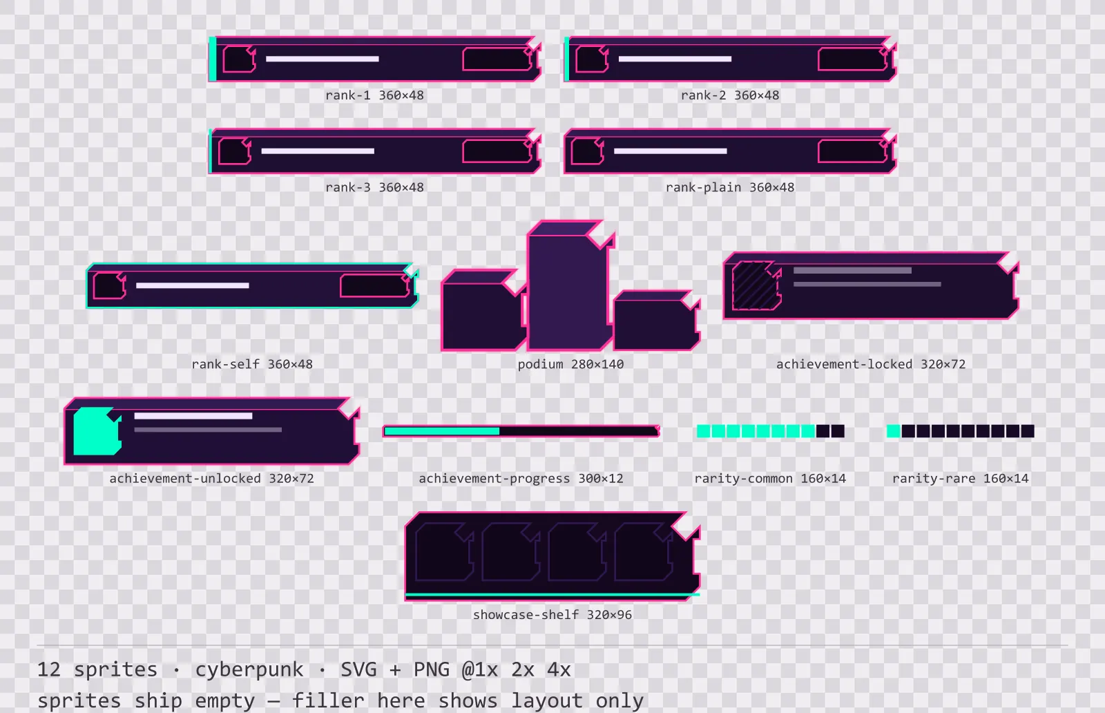 Sheet showing 12 cyberpunk leaderboard and achievement widgets from the Voidrunner family, arranged on a transparency checkerboard with their pixel sizes printed underneath