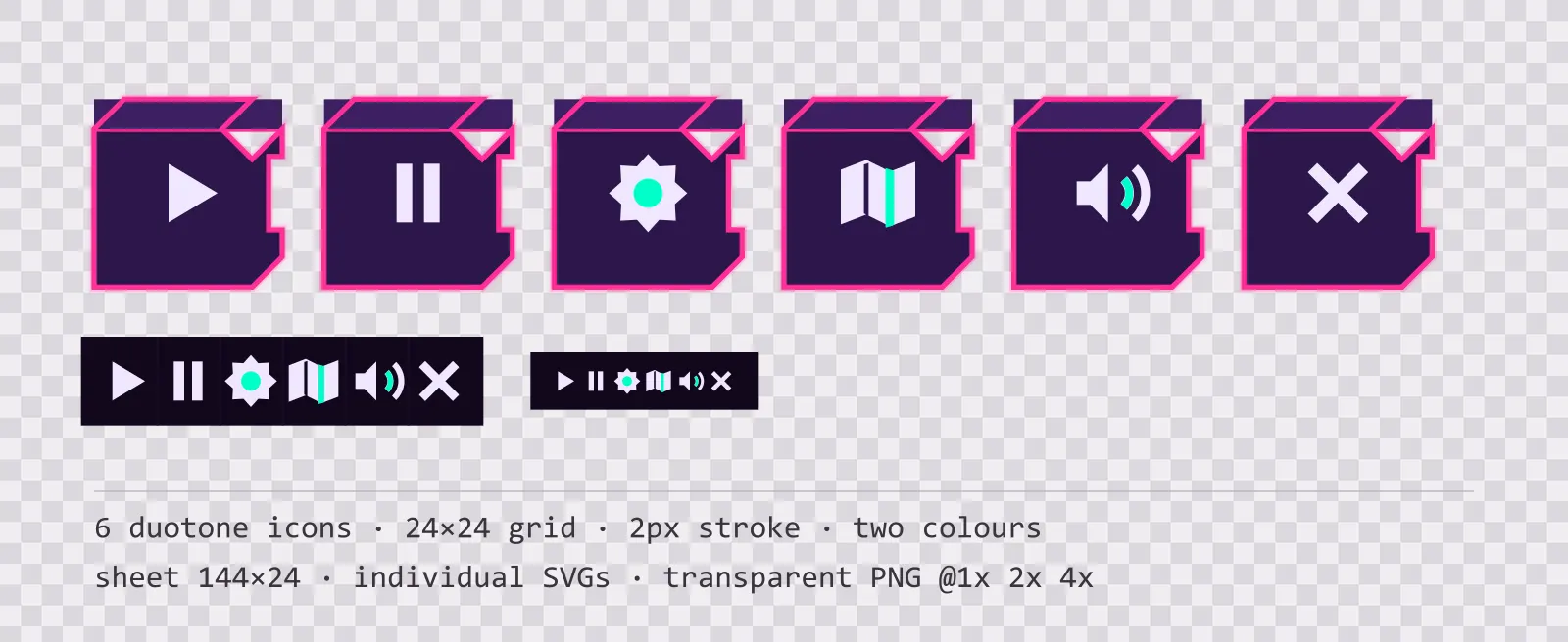 Six two-tone game menu icons on void neon tiles, shown large, laid out on a sheet grid, and again at actual 24 pixel size