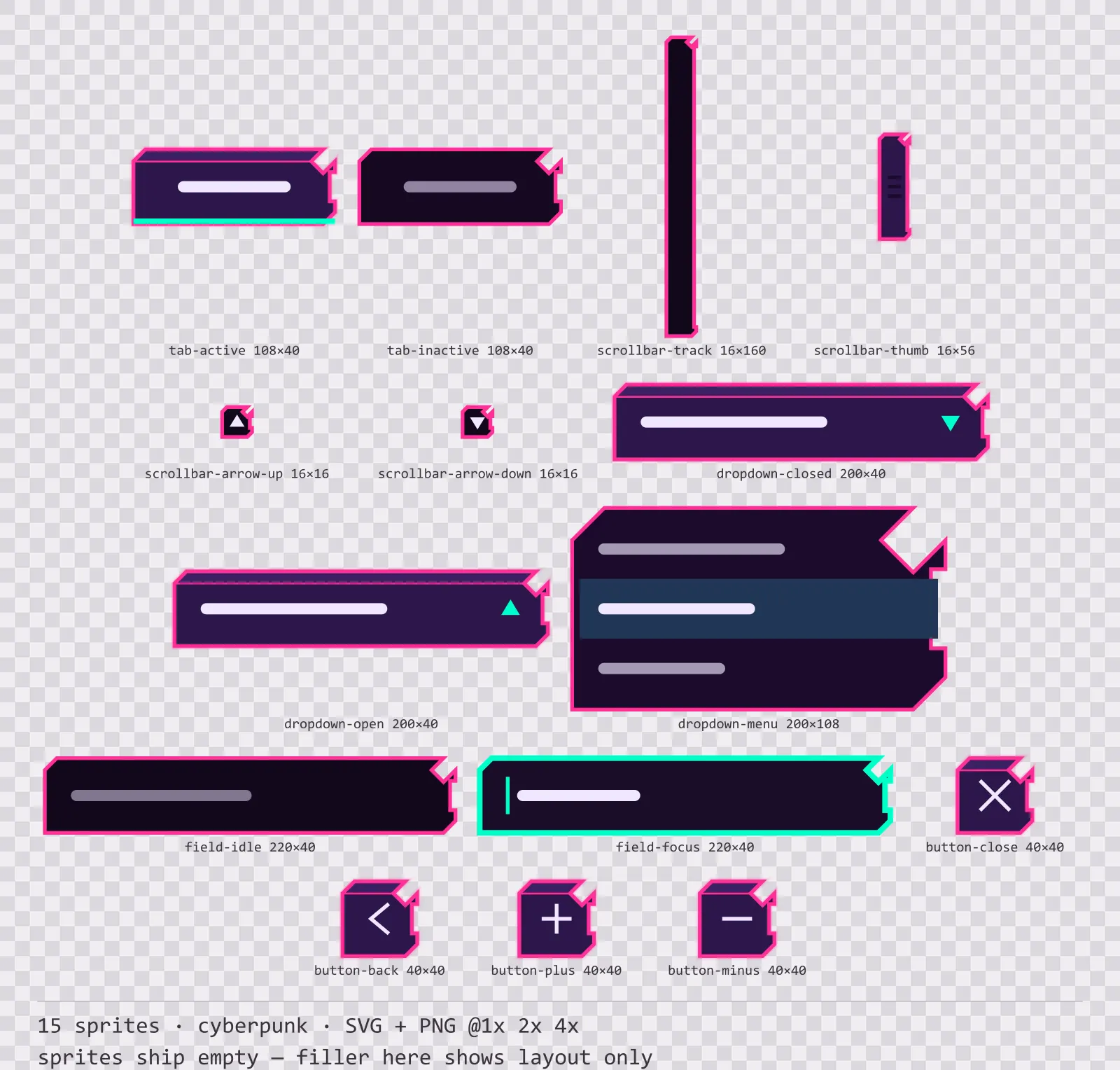 Sheet showing 15 cyberpunk navigation and input components from the Voidrunner family, arranged on a transparency checkerboard with their pixel sizes printed underneath