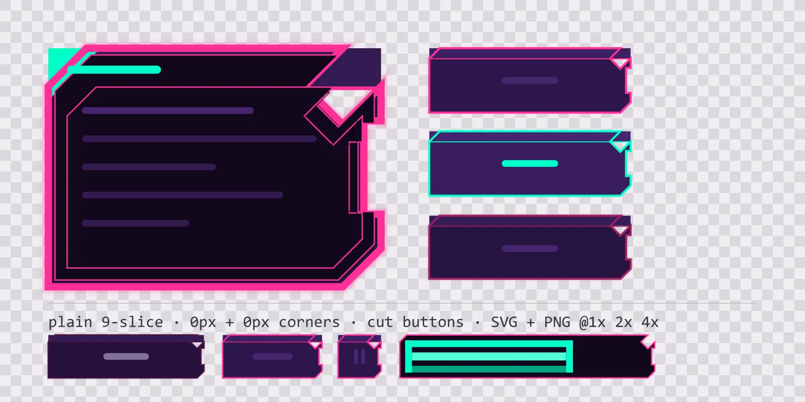 void neon game menu panel with a toxic mint title strip and a recessed list area, next to a column showing the same chamfered button in default, outlined hover and pushed-in pressed states