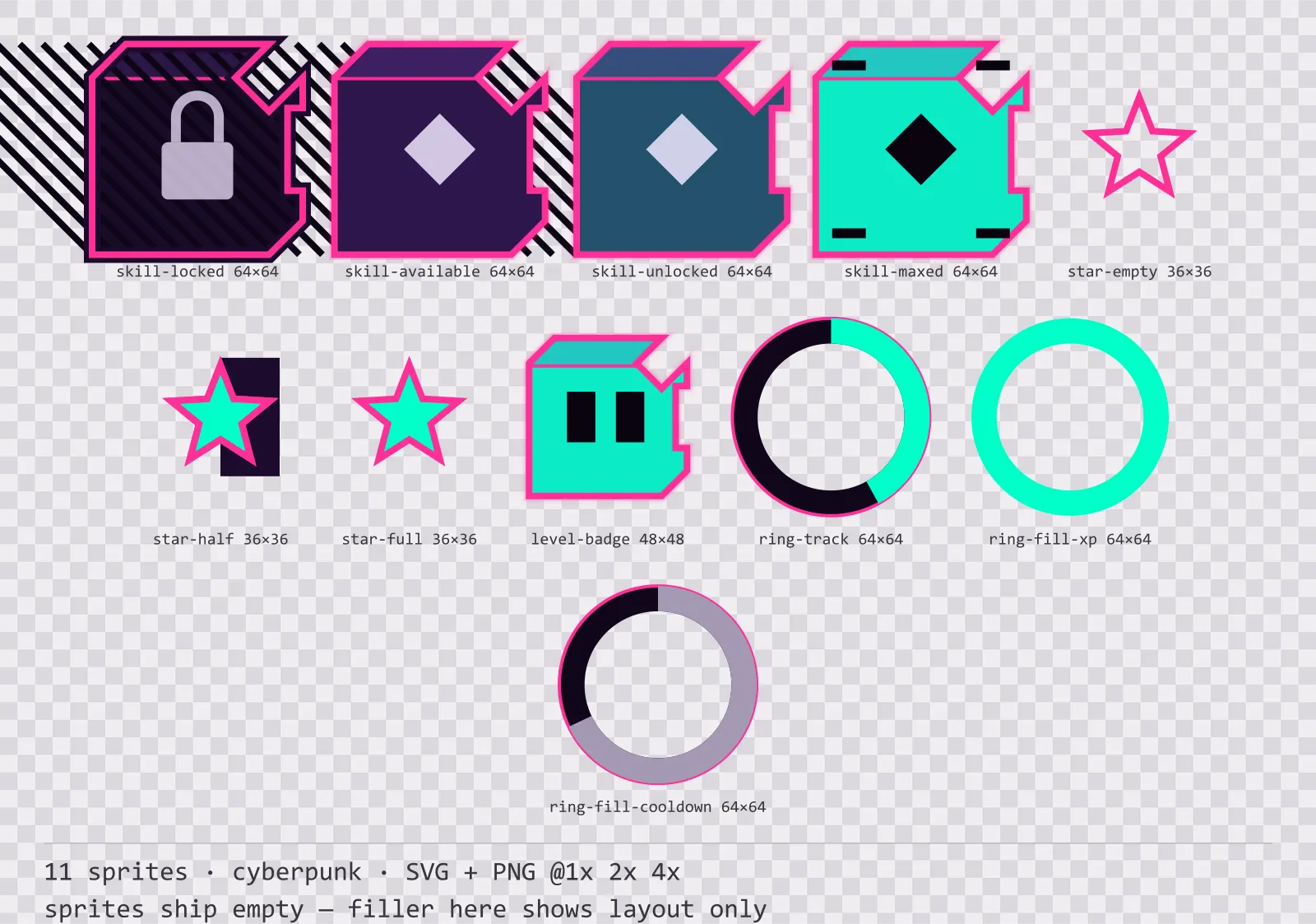 Sheet showing 11 cyberpunk progression and reward components from the Voidrunner family, arranged on a transparency checkerboard with their pixel sizes printed underneath