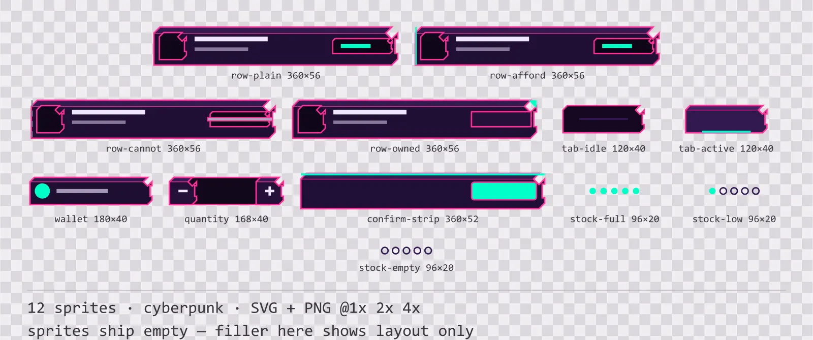 Sheet showing 12 cyberpunk shop and economy widgets from the Voidrunner family, arranged on a transparency checkerboard with their pixel sizes printed underneath