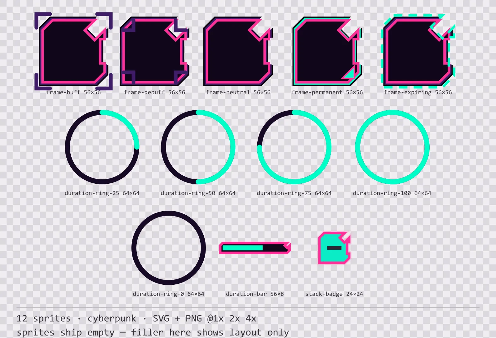 Sheet showing 12 cyberpunk status effect frames and duration indicators from the Voidrunner family, arranged on a transparency checkerboard with their pixel sizes printed underneath