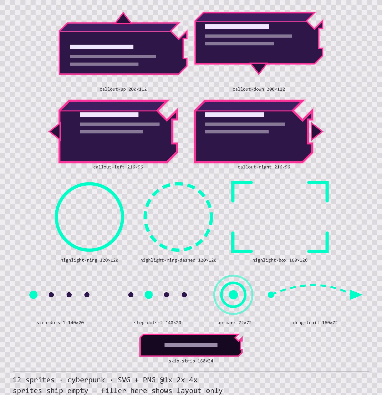 Sheet showing 12 cyberpunk tutorial and onboarding markers from the Voidrunner family, arranged on a transparency checkerboard with their pixel sizes printed underneath